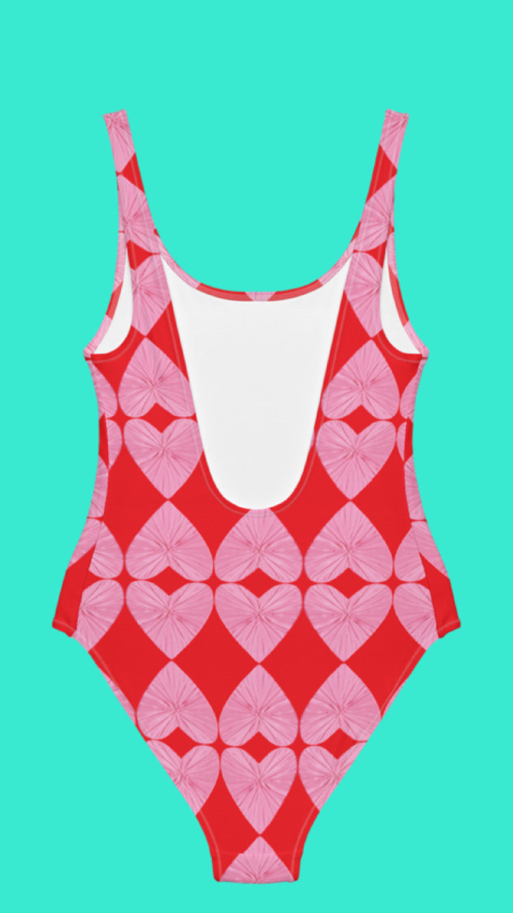 Harlequin Hearts Pink and Red One Piece Swimsuit
