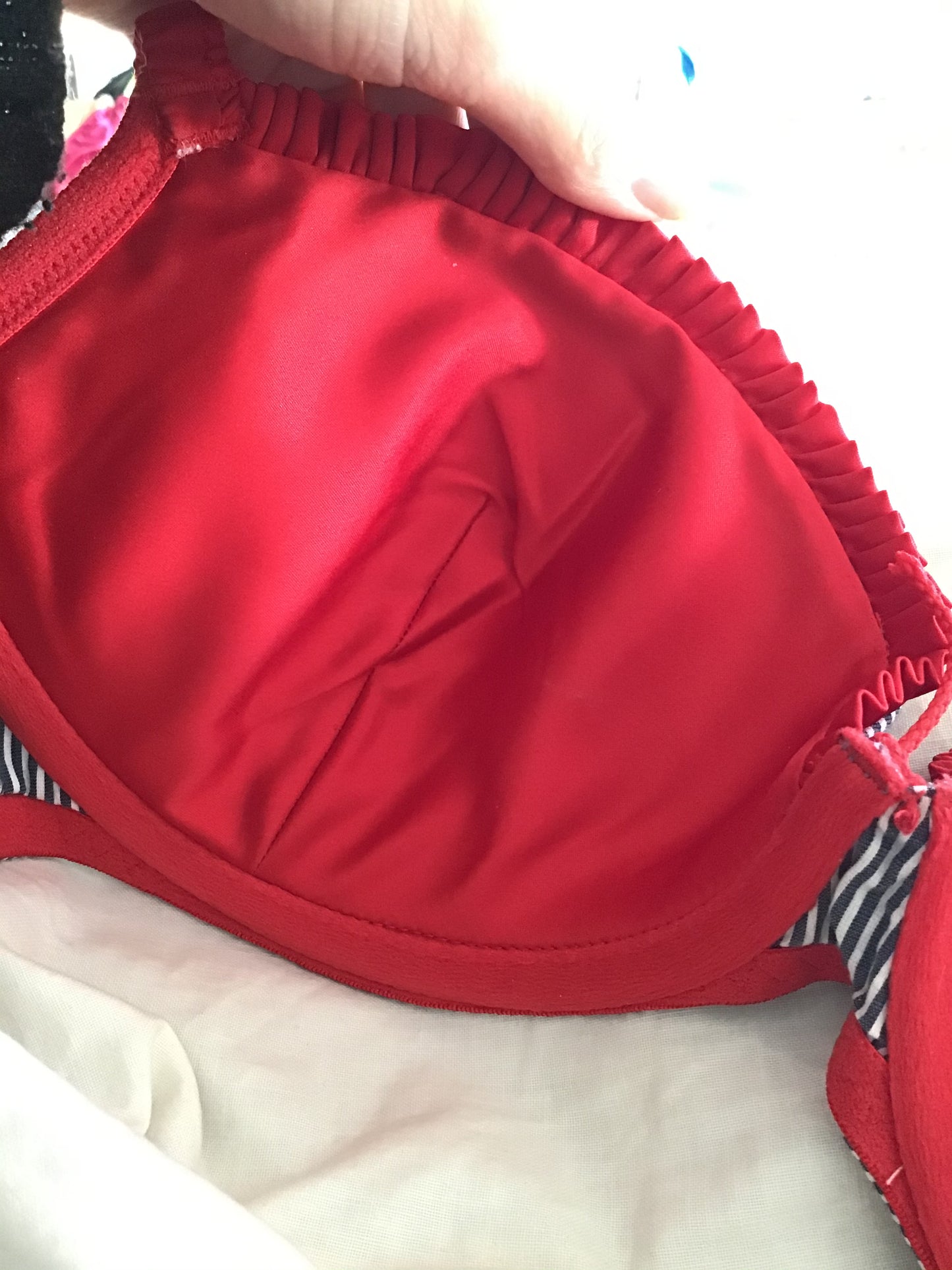 Poodles in Love BLUE Stripe with Red edging Bra