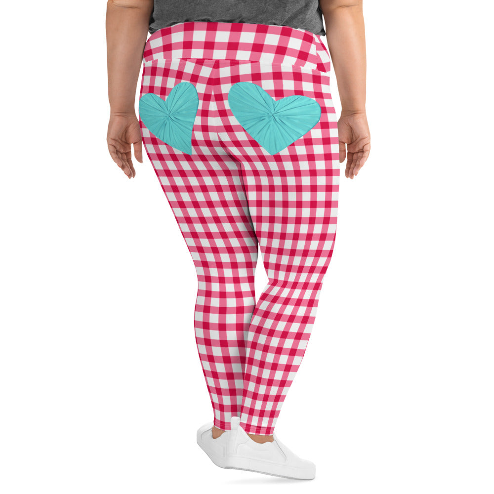 Gingham Pique-Nique Curve High Waisted Leggings in Red and White with Aqua Hearts