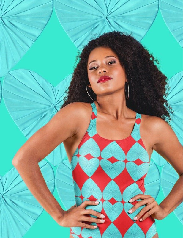Harlequin Hearts Aqua and Red High Waisted Eco Bikini