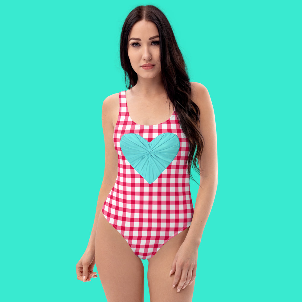 Gingham Red Pique Nique One Piece Swimsuit with Aqua Heart
