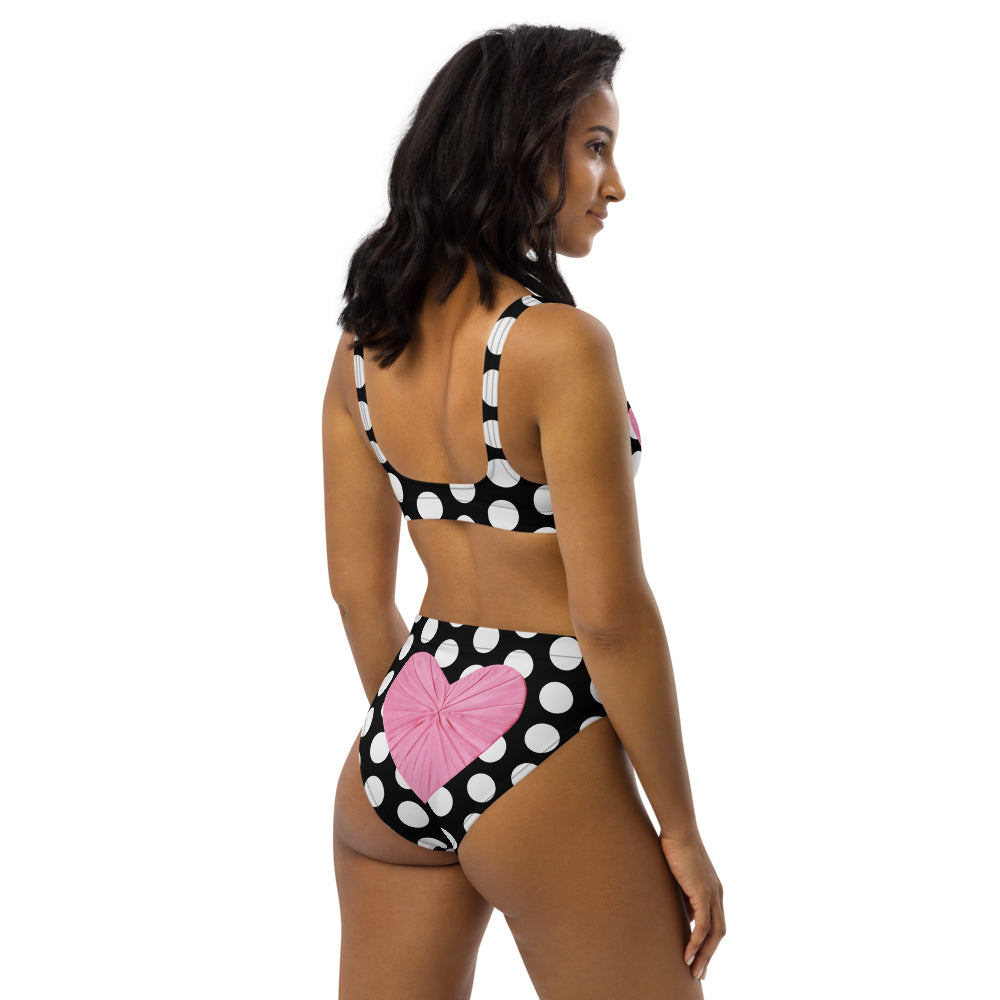 Les Polka Dots Black High Waisted Eco Bikini with Pink Hearts