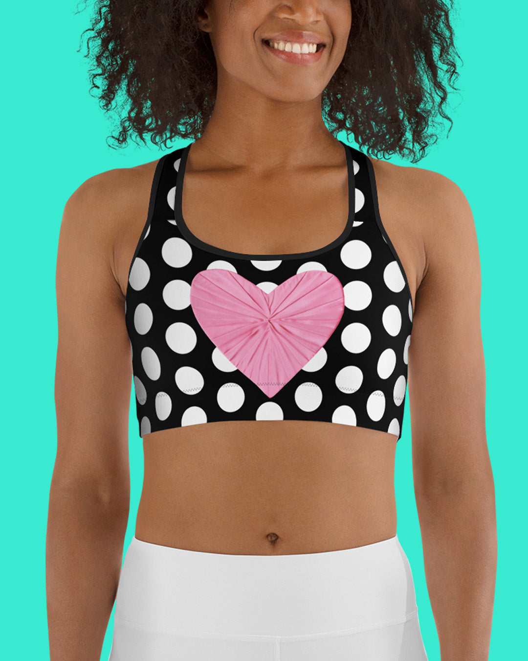 Les Polka Dots Sports Bralette In Black & White With Pink Satin Heart Print