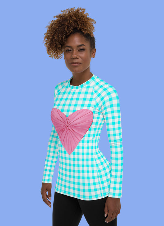 Gingham Bardot Aqua Long Sleeve Top/Rash Guard