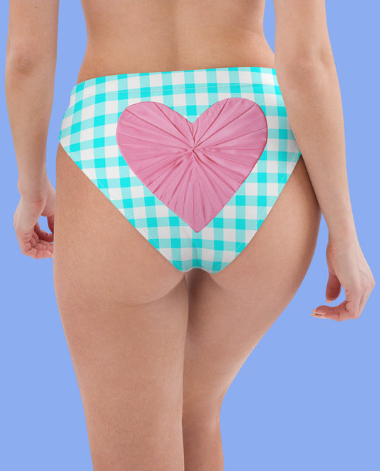 Gingham Bardot Aqua Eco High Waisted Bikini Bottom with Pink Heart