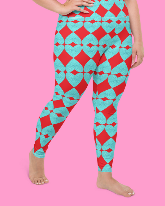 Harlequin Hearts Aqua and Red High-Waisted  Curve Leggings