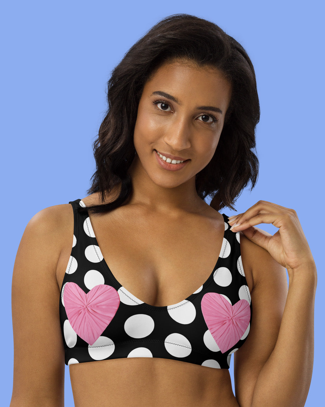 Les Polka Dots Black Eco Bikini Top with Pink Hearts