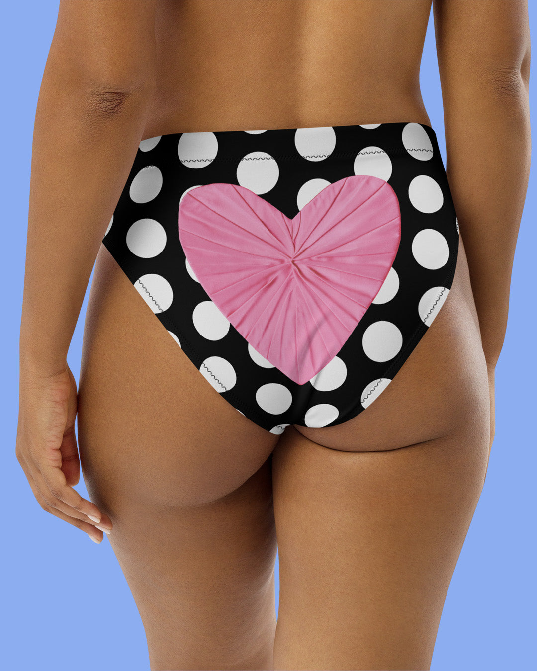 Les Polka Dots Black High Waisted Eco Bikini Bottom with Pink Heart