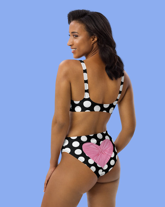 Les Polka Dots Black High Waisted Eco Bikini with Pink Hearts