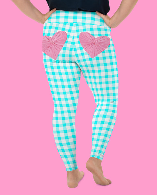 Gingham Bardot Curve High Waisted Leggings in Aqua and White with Pink Hearts