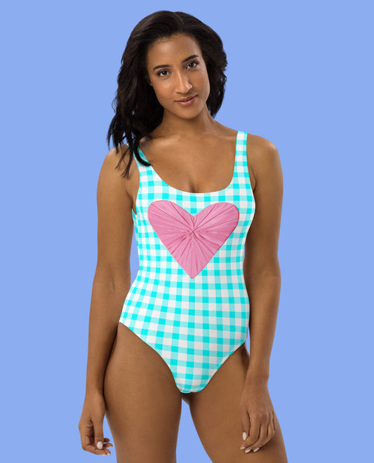 Gingham Bardot Aqua One Piece Swimsuit with Pink Heart