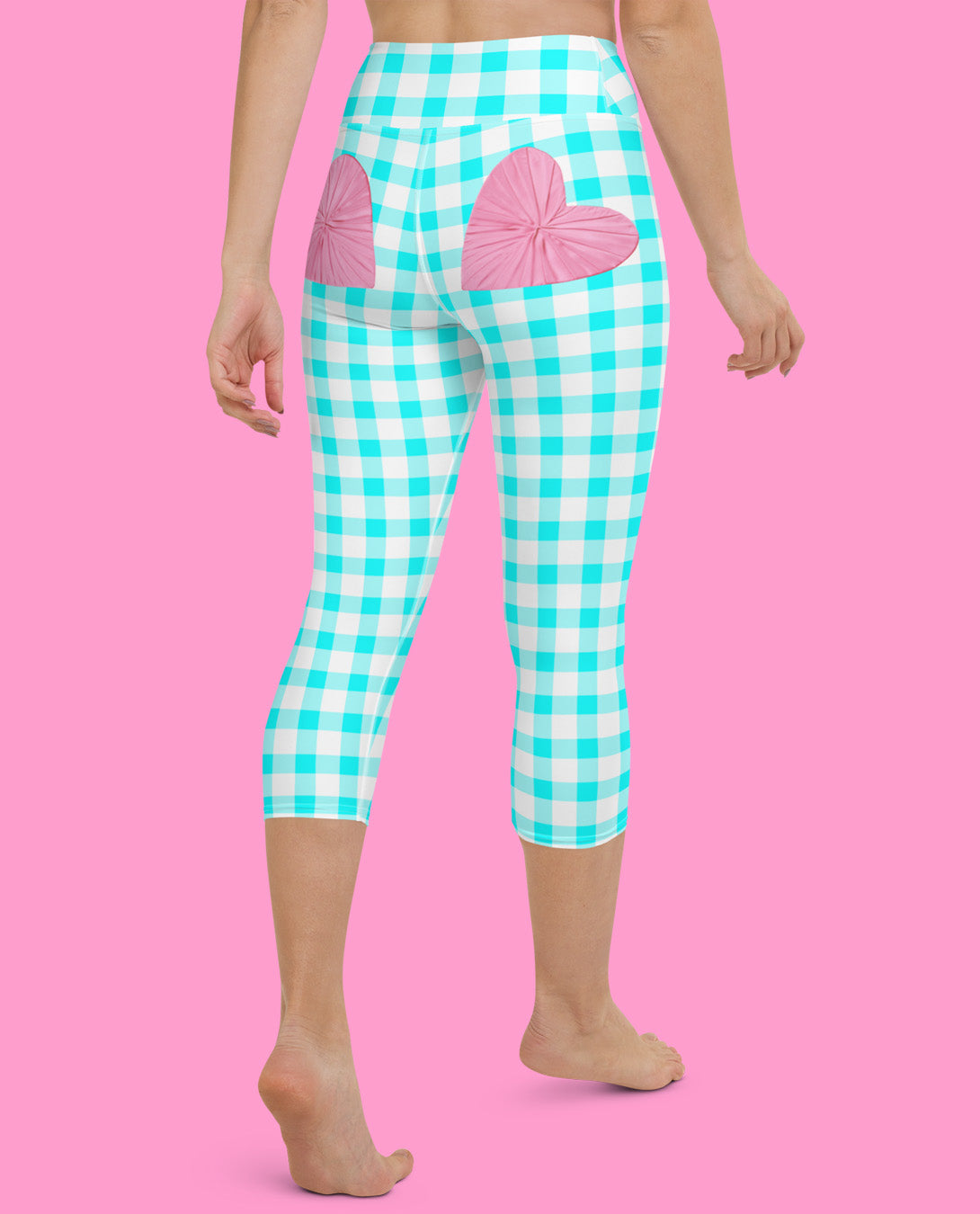 Gingham Bardot Aqua High-Waisted Yoga Capri Leggings With Pink Hearts