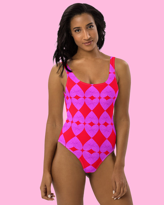 Harlequin  Hearts Lilac and Red One-Piece Swimsuit