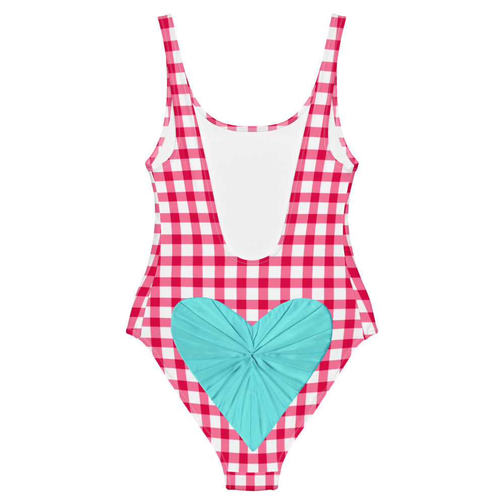 Gingham Red Pique-Nique One Piece Swimsuit with Aqua Heart
