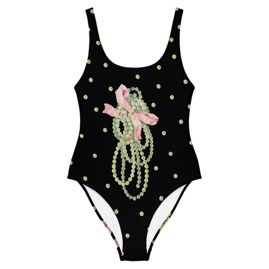 Vintage Pearl Statement Black One Piece Swimsuit