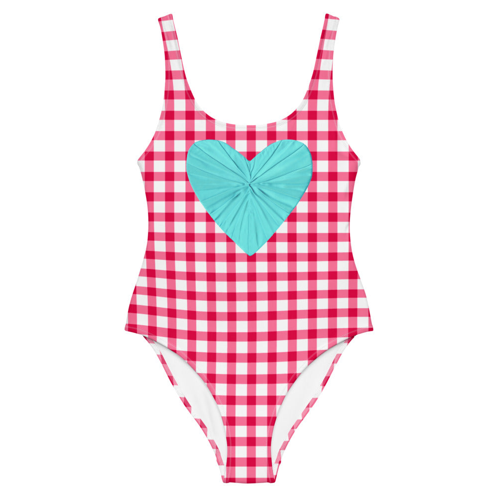 Gingham Red Pique-Nique One Piece Swimsuit with Aqua Heart