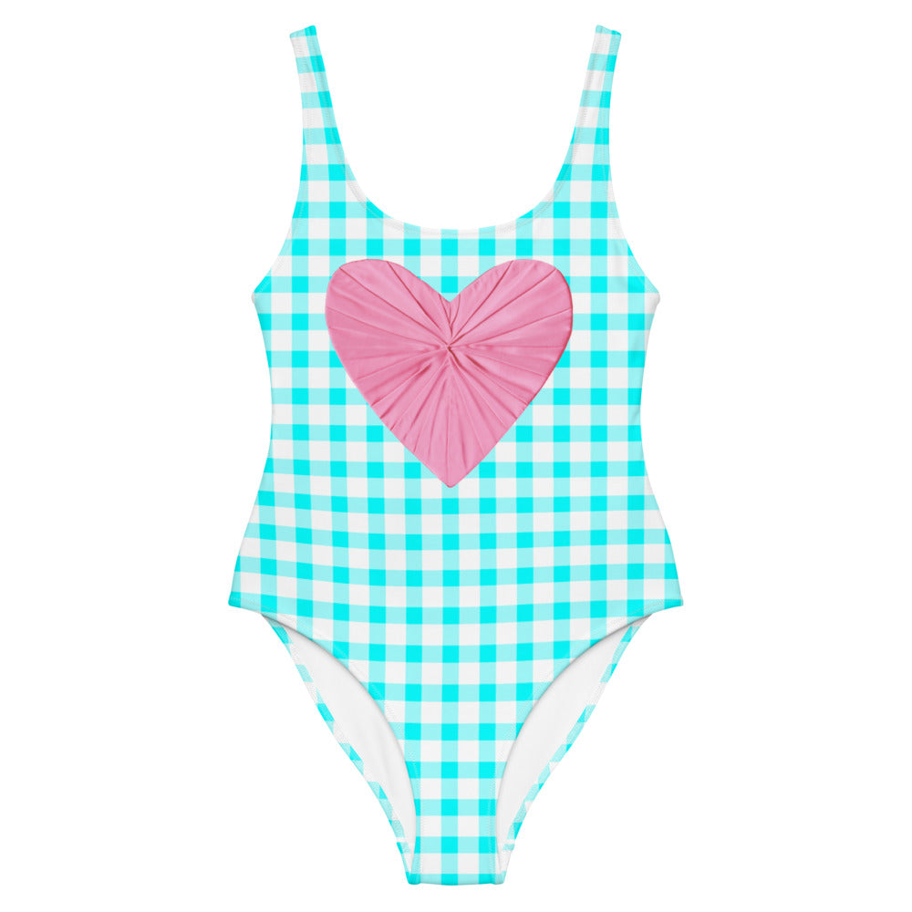 Gingham Bardot Aqua One Piece Swimsuit with Pink Heart
