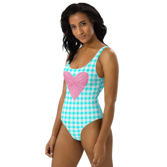 Gingham Bardot Aqua One Piece Swimsuit with Pink Heart