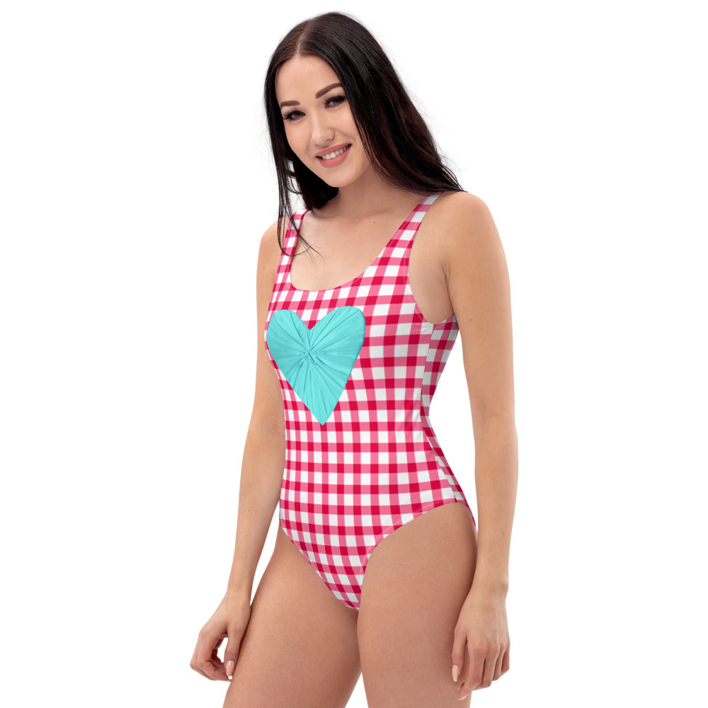 Gingham Red Pique-Nique One Piece Swimsuit with Aqua Heart