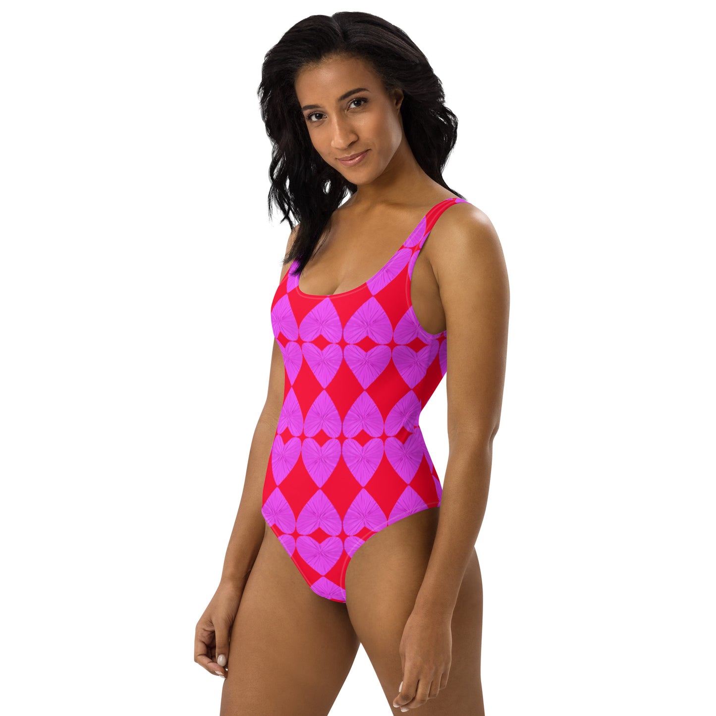 Harlequin  Hearts Lilac and Red One-Piece Swimsuit