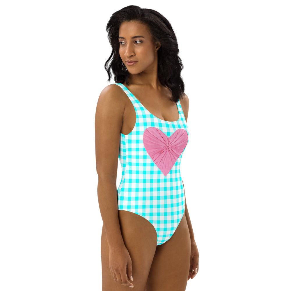 Gingham Bardot Aqua One Piece Swimsuit with Pink Heart