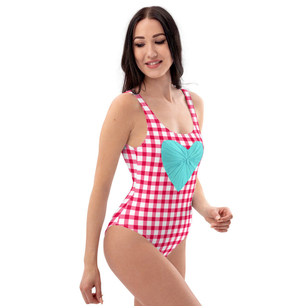 Gingham Red Pique-Nique One Piece Swimsuit with Aqua Heart