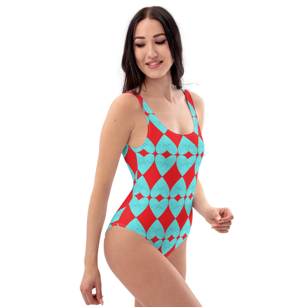 Harlequin Hearts Aqua and Red One Piece Swimsuit