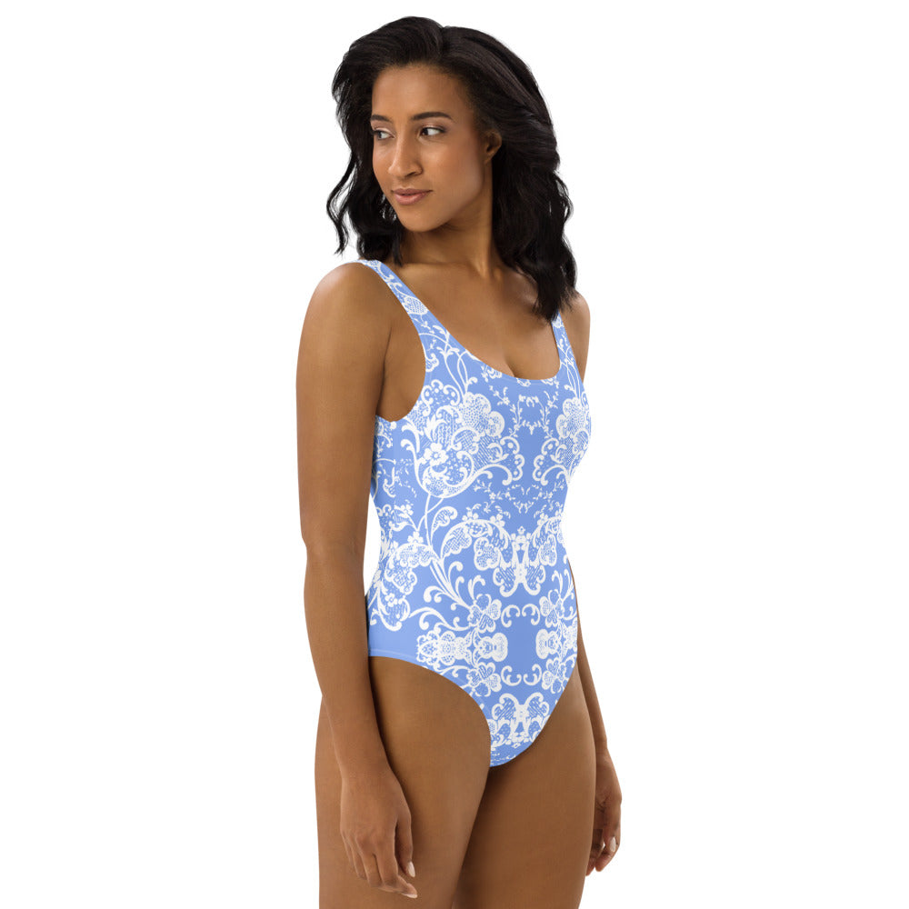 Antique Tulip Lace Print One-Piece Swimsuit in Porcelain Blue