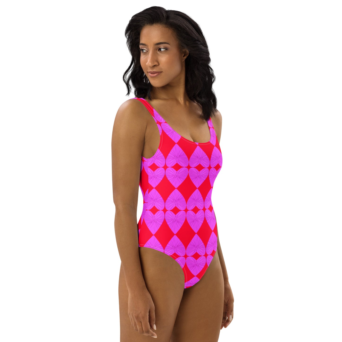 Harlequin  Hearts Lilac and Red One-Piece Swimsuit