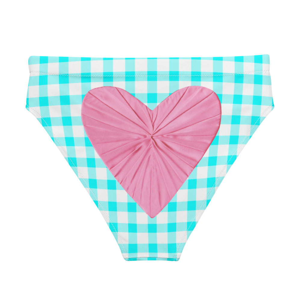 Gingham Bardot Aqua Eco High Waisted Bikini Bottom with Pink Heart
