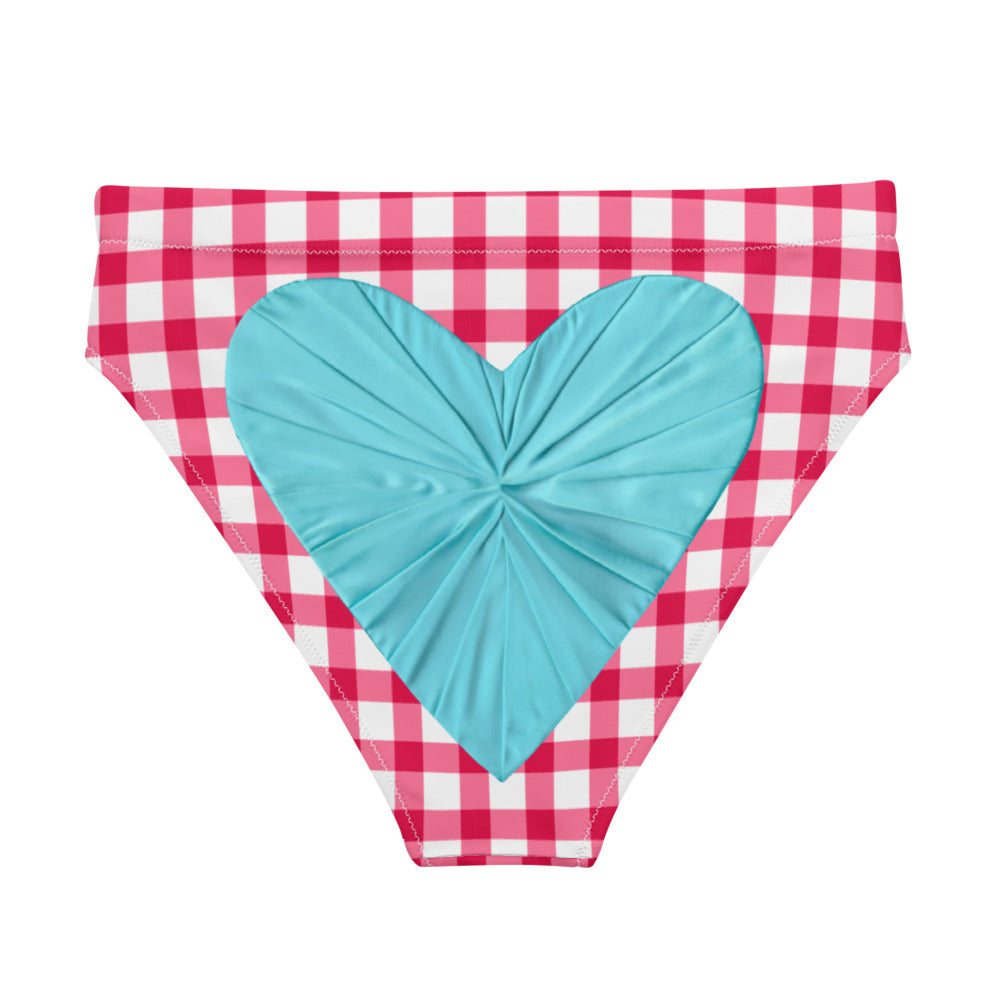 Gingham Pique-Nique High Waisted Red Eco Bikini Bottom with Aqua Heart