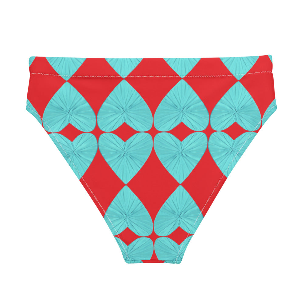 Harlequin Hearts Aqua and Red High Waisted Eco Bikini Bottom