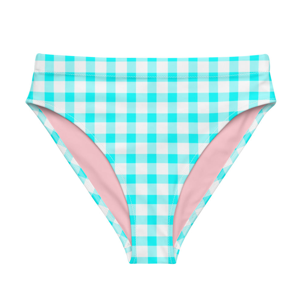 Gingham Bardot Aqua Eco High Waisted Bikini Bottom with Pink Heart