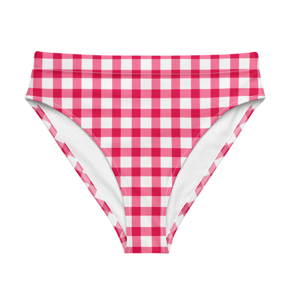 Gingham Pique-Nique High Waisted Red Eco Bikini Bottom with Aqua Heart