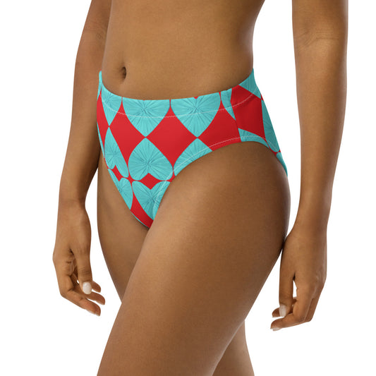 Harlequin Hearts Aqua and Red High Waisted Eco Bikini Bottom