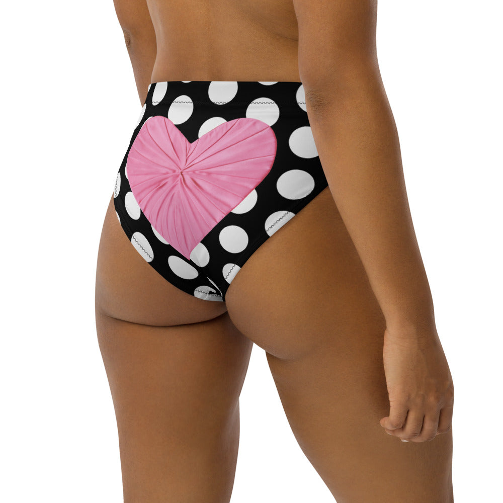Les Polka Dots Black High Waisted Eco Bikini Bottom with Pink Heart