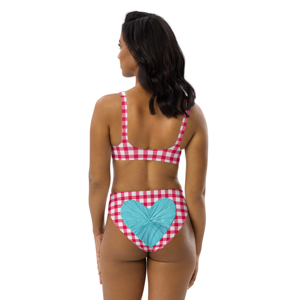 Gingham Pique-Nique Red High Waisted Eco Bikini with Aqua Hearts