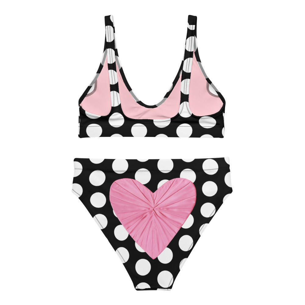 Les Polka Dots Black High Waisted Eco Bikini with Pink Hearts
