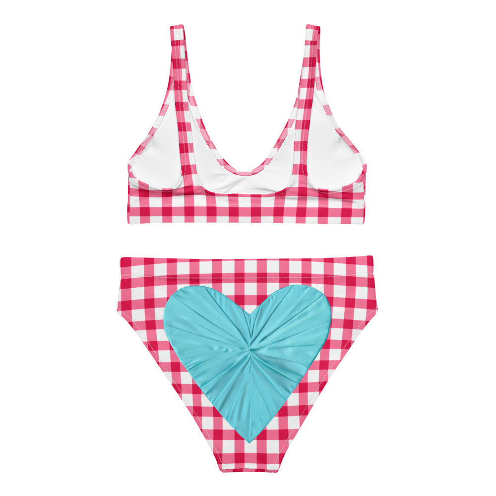 Gingham Pique-Nique Red High Waisted Eco Bikini with Aqua Hearts