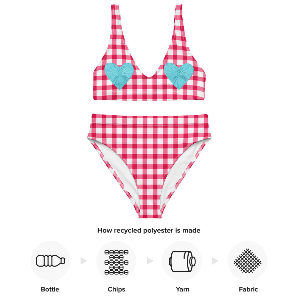 Gingham Pique-Nique Red High Waisted Eco Bikini with Aqua Hearts