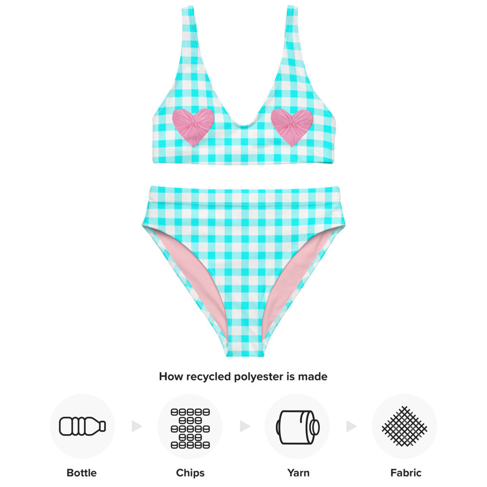 Gingham Bardot Aqua Eco High Waisted Bikini with Pink Hearts
