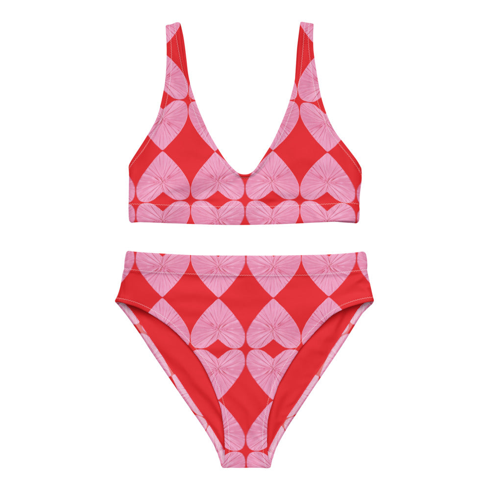 Harlequin Hearts Pink and Red High Waisted Eco Bikini