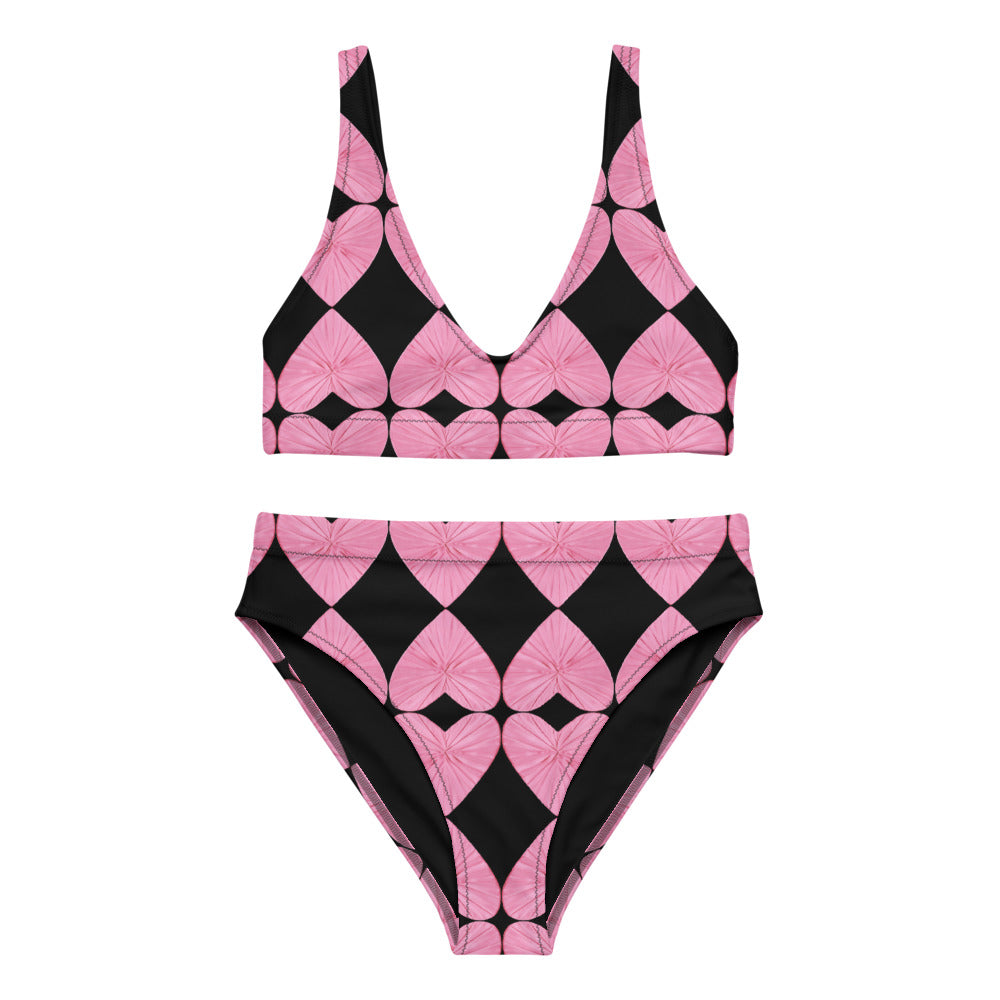 Harlequin Hearts Pink and Black High Waisted Eco Bikini