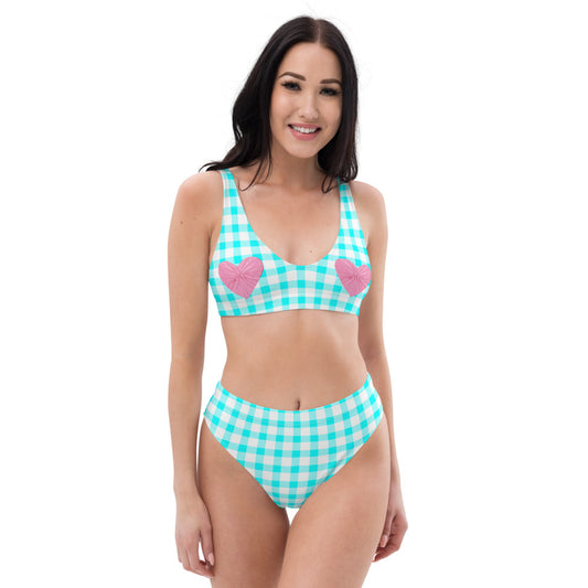 Gingham Bardot Aqua Eco High Waisted Bikini with Pink Hearts