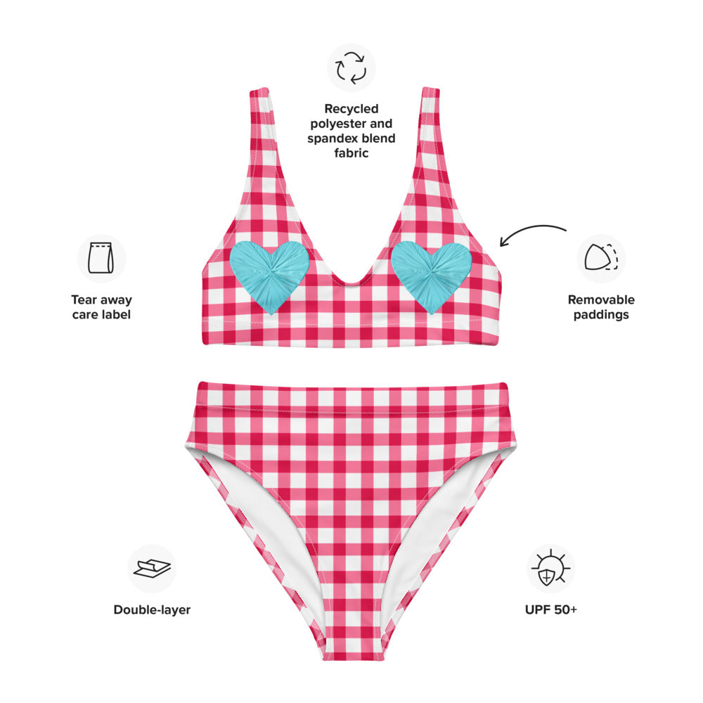 Gingham Pique-Nique Red High Waisted Eco Bikini with Aqua Hearts