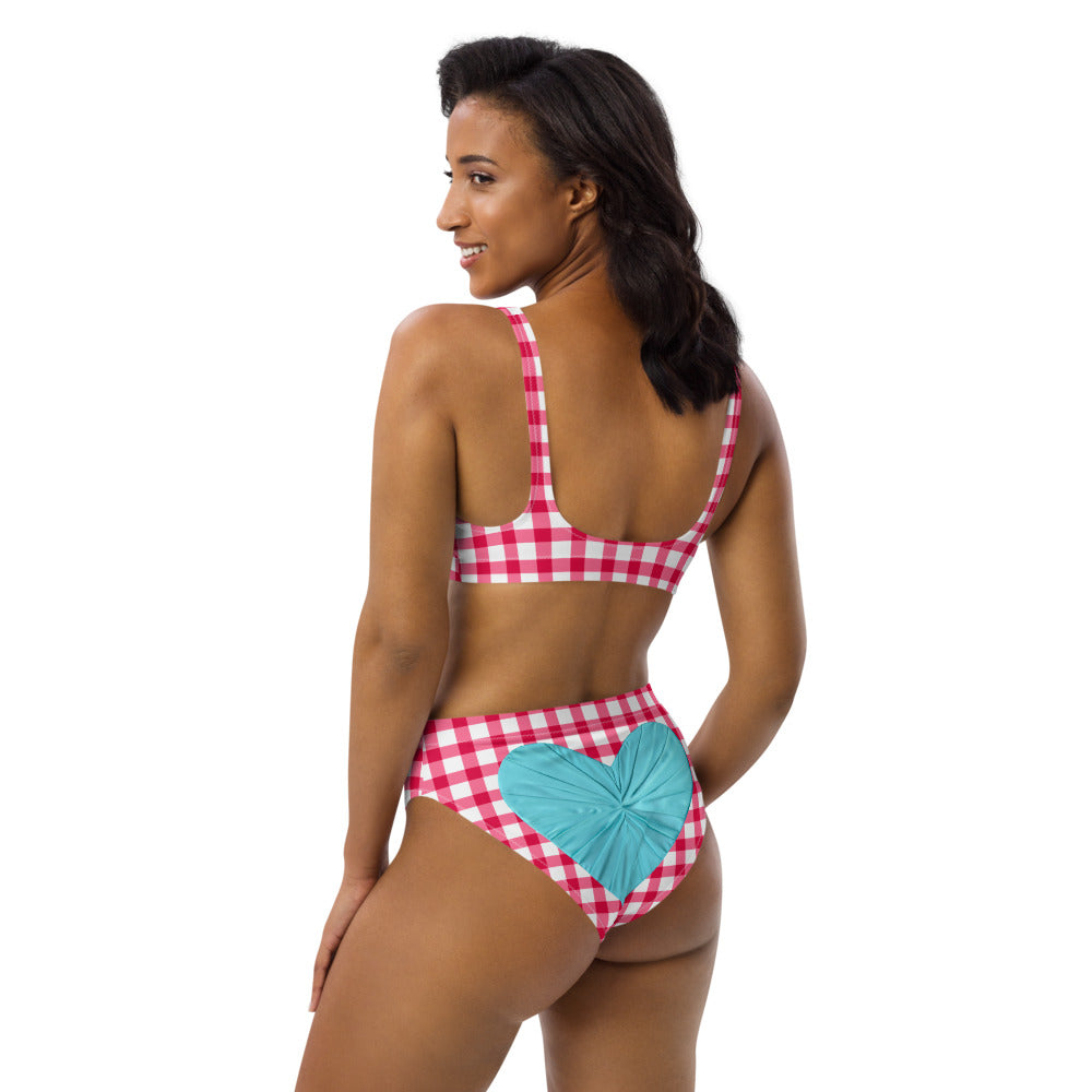 Gingham Pique-Nique Red High Waisted Eco Bikini with Aqua Hearts