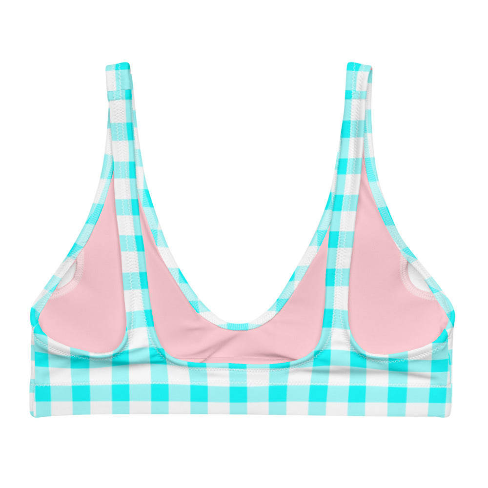 Gingham Bardot Aqua Eco Bikini Top with Pink Hearts