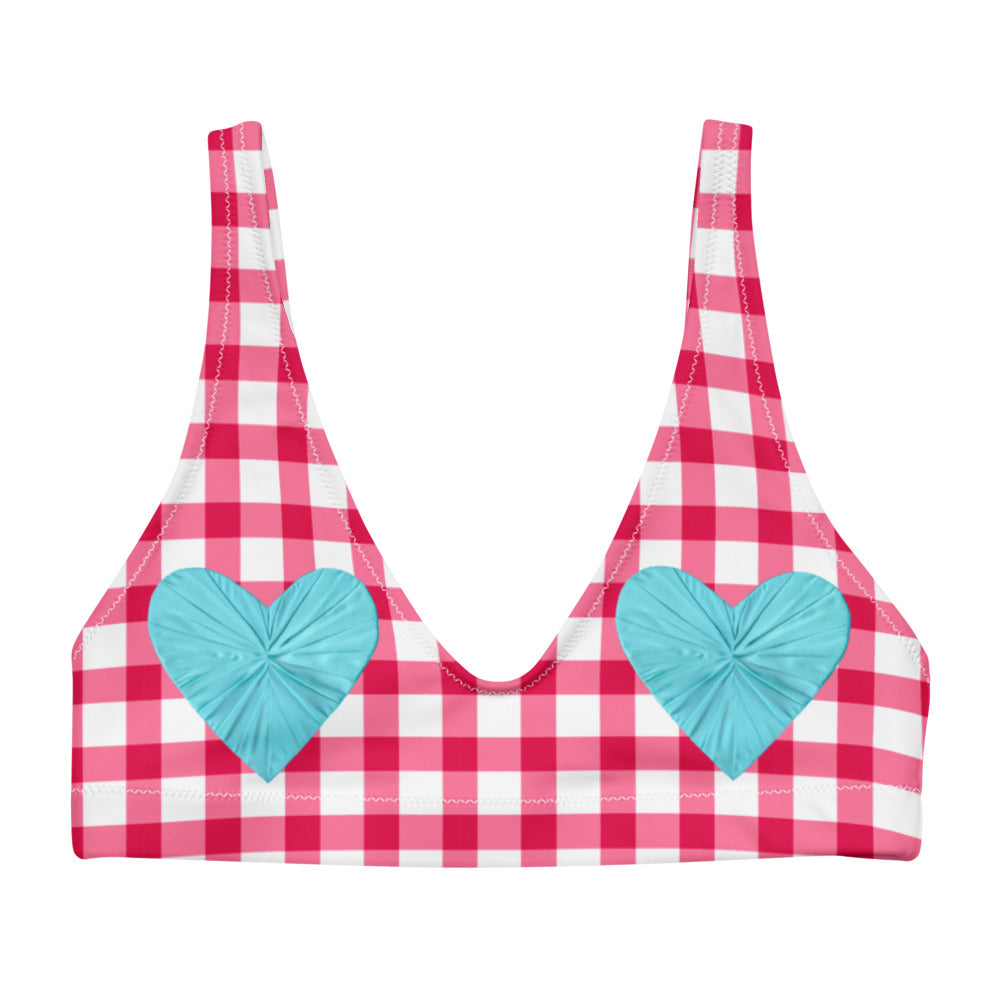 Gingham Pique-Nique Red Eco Bikini Top with Aqua Hearts