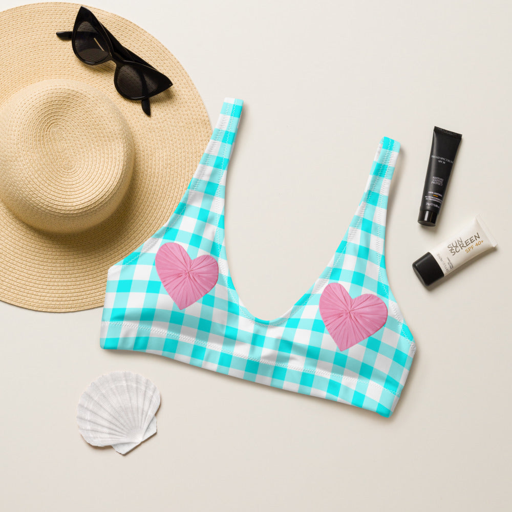 Gingham Bardot Aqua Eco Bikini Top with Pink Hearts