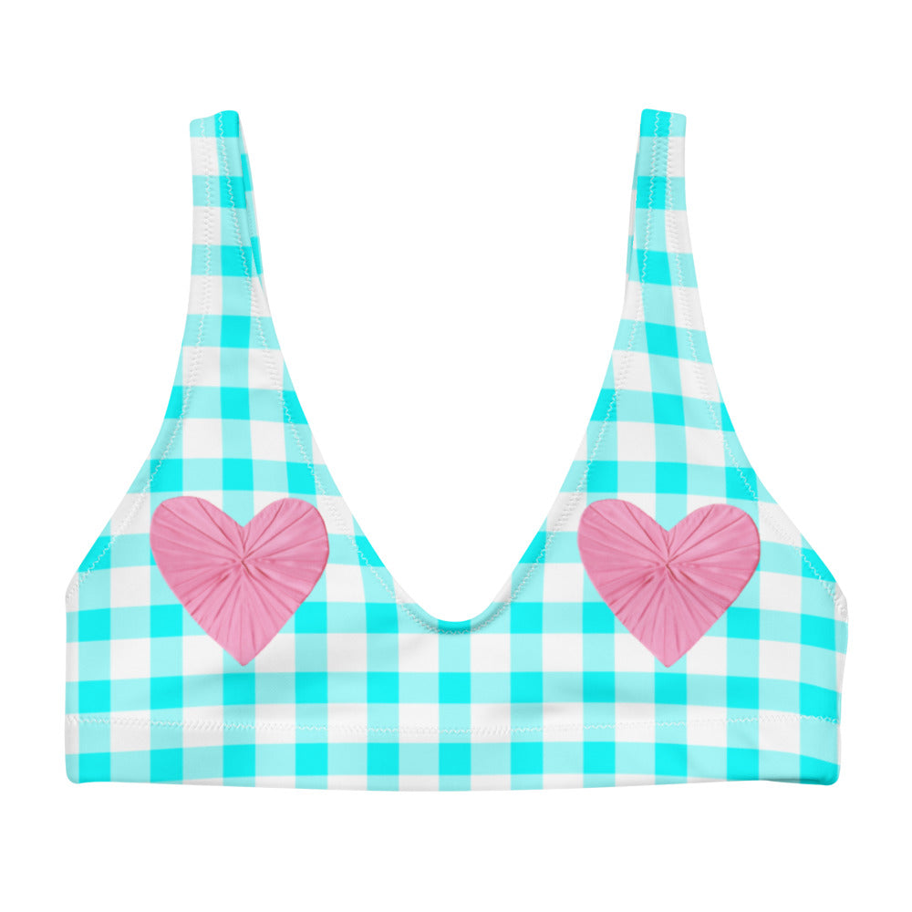 Gingham Bardot Aqua Eco Bikini Top with Pink Hearts